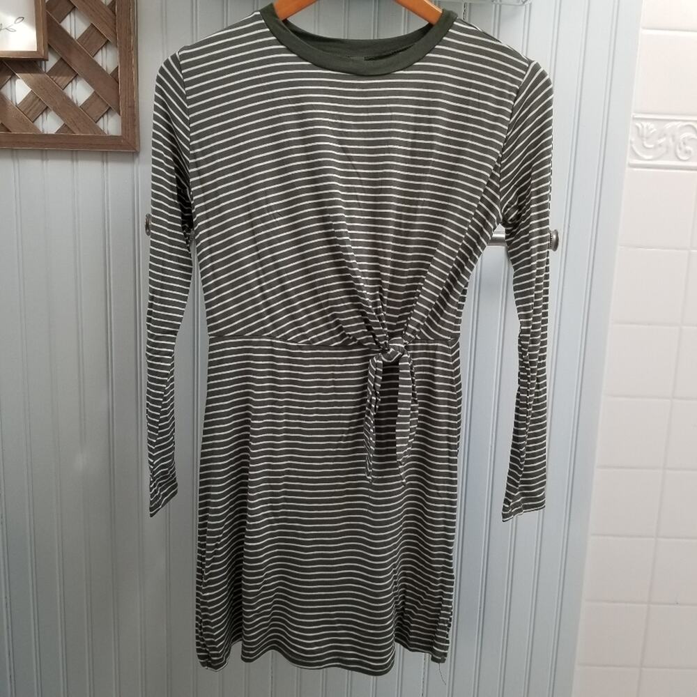 New Francesca's Agnes Stripe Front Tie Dark Green and White Long Sleeve Dress